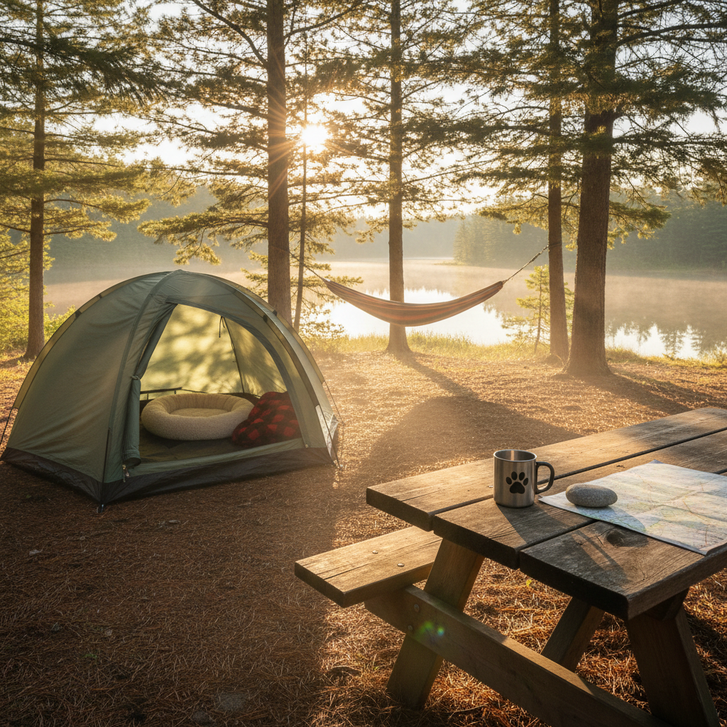 A sunlit campsite nestled among tall pines, centered on a small, neatly arranged tent with an open flap revealing a round, plush dog bed and a neatly folded plaid blanket inside. Outside the tent, a metal camping mug with a paw-print logo rests on a weathered picnic table beside a map weighed down by a smooth river stone. In the background, a hammock sways lightly between trees, and a distant lake glimmers through the trunks. Early morning light filters through the branches, creating dappled patterns on the forest floor and a cool, misty atmosphere. Captured from a low, slightly angled perspective, the scene feels immersive and cozy, with photographic realism, rich textures, and a playful, outdoorsy mood perfect for documenting adventures shared with a canine friend.