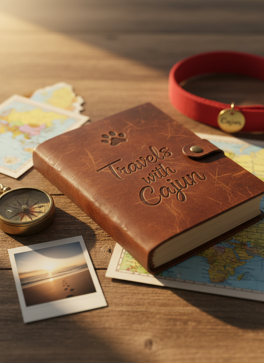 A well-worn vintage leather travel journal embossed with a small paw print and the words “Travels with Cajun” in playful script, lying half-open on a rustic wooden table. Around it are a scattered compass, colorful map fragments, a polaroid of a sunset beach with only paw tracks in the sand, and a bright red dog collar with a tiny brass tag that reads “Cajun.” Warm late-afternoon sunlight streams in from the left, creating golden highlights on the leather and long, soft shadows across the table. Shot from a slightly elevated angle with a shallow depth of field, the journal title in sharp focus, background elements softly blurred. The photographic realism is vibrant, cozy, and adventurous, setting a whimsical, storybook tone for a travel blog without showing any people.