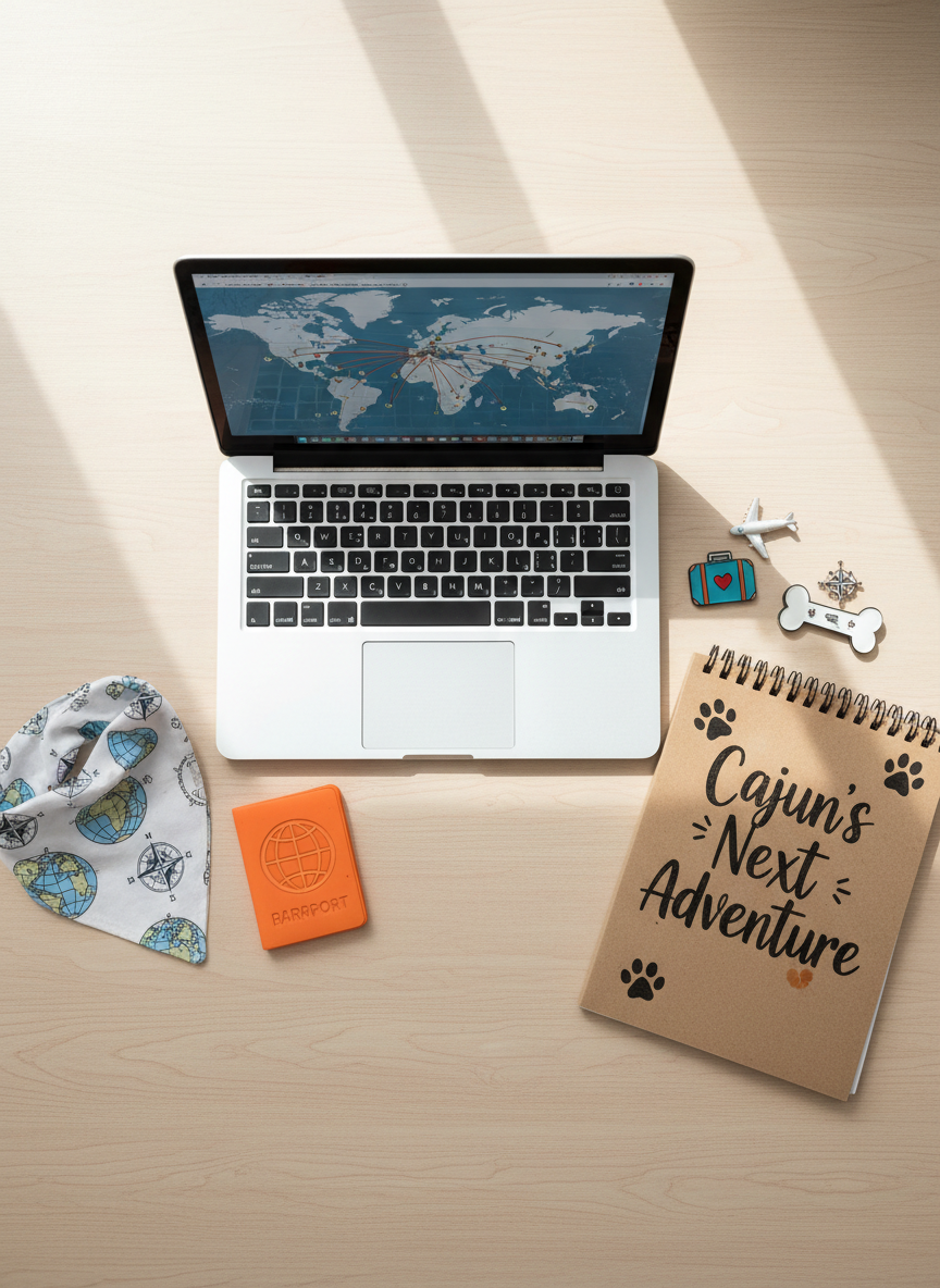 A colorful flat lay of a playful travel planning session on a light oak desk, featuring a laptop open to a world map, a spiral notebook titled “Cajun’s Next Adventure,” and a cluster of dog-themed enamel pins shaped like tiny suitcases, airplanes, and bones. A fabric map-patterned bandana is folded neatly beside a bright orange squeaky toy shaped like a passport. Soft daylight from a nearby window creates gentle reflections on the laptop screen and subtle shadows under each object. Shot from a true overhead bird’s-eye view, every item is in crisp focus with careful spacing and a balanced rule-of-thirds composition. The photographic style is clean, colorful, and modern, evoking a sense of playful anticipation and creative trip planning for a travel blog centered on life with a dog.