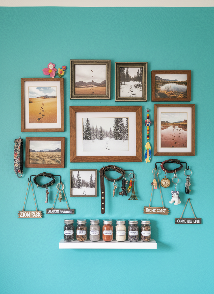 A whimsical collection of travel mementos arranged on a bright teal wall: mismatched photo frames filled with landscapes, each showing only paw prints in sand, snow, or mud leading away into the scenery, interspersed with hanging dog collars from different trips, souvenir keychains, and tiny painted wooden signs with place names. A small floating shelf holds jars of collected sands and pebbles, each labeled with a destination. Soft, diffused indoor lighting creates an even, gentle glow with minimal shadows, allowing every detail and color to be clearly visible. Photographed straight-on with sharp focus across the entire frame, the composition is tidy yet playful, with photographic realism and vibrant colors. The mood is nostalgic and creative, capturing the essence of documenting journeys and life events through the lens of travels with a beloved dog, without showing any people.